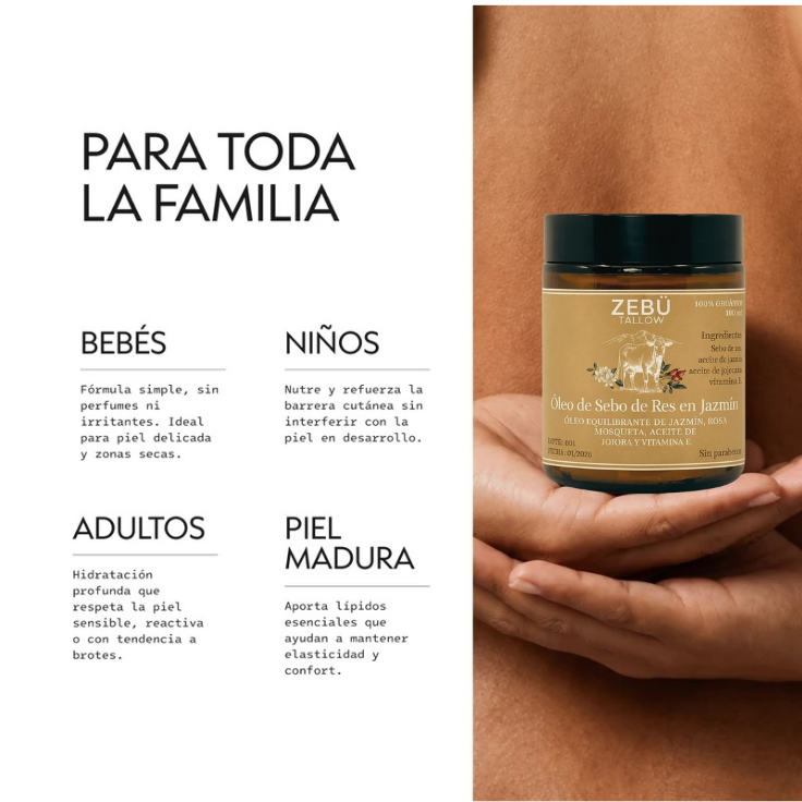 Crema de Sebo de Res en Jazmín + Aceite de Jojoba, Rosa Mosqueta y Vitamina E