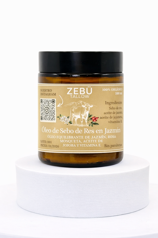 Óleo de Sebo de Res en Jazmín + Aceite de Jojoba, Rosa Mosqueta y Vitamina E